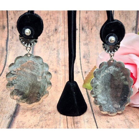 Silver Tone Western Cowgirl Conch Dangle Drop Earrings Statement 3" - Picture 5 of 7